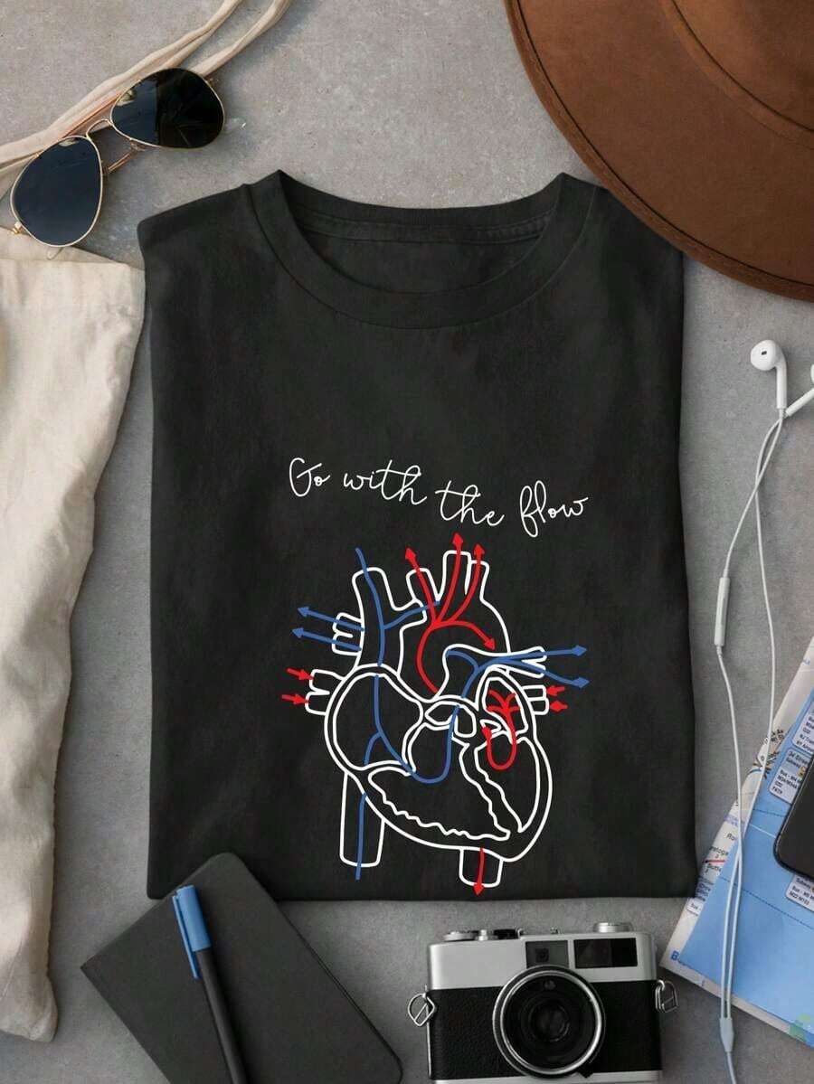 Follow The Flow, Comfortable Casual T-Shirt For Nurses, Gift For CVICU Nurses, Nurse Appreciation Gift, Cardiac Nurse, EKG Technician, Cotton Cardiology Crew Neck T-Shirt, Cardiac Nursing, Cardiac Crew Neck T-Shirts, Cardiac Flow Anatomy, Anatomical Heart, Cardiac Surgeon, Medical Student ODT-559 - 黑色 - 查看 1