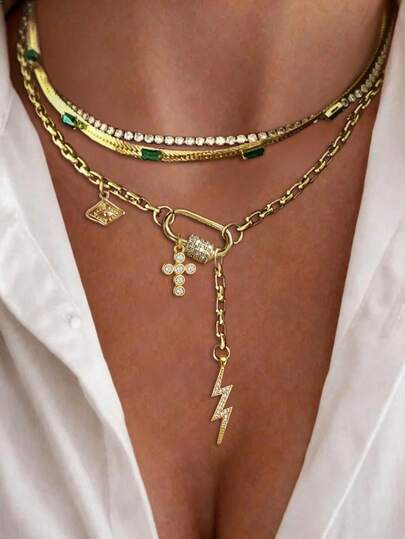 1pc Gold & White Diamond Screw Clasp Necklace With Zirconia Cross Pendant And Stainless Steel Chain, Suitable For Work, Daily Life, Parties, Banquets And Balls Decoration. This Is A Unique And Luxurious Women's Necklace