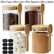 12 Pcs Glass Jars With 4 Cups, 4 Bamboo Lids And 4 Bamboo Spoons, 18 Ounces Large Capacity Sealed Storage Jar For Loose Tea, Transparent And Visible Kitchen Pantry Containers, Container Airtight For Coffee Beans, Spice, Sugar, Candy, Salts And More - Clear-4 Piece - View 10