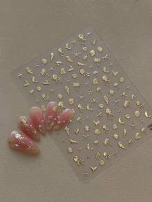 1张金色海洋美甲贴纸，金属水母贝壳和海星图案，夏季自粘美甲贴花 - 金色 - 查看 1