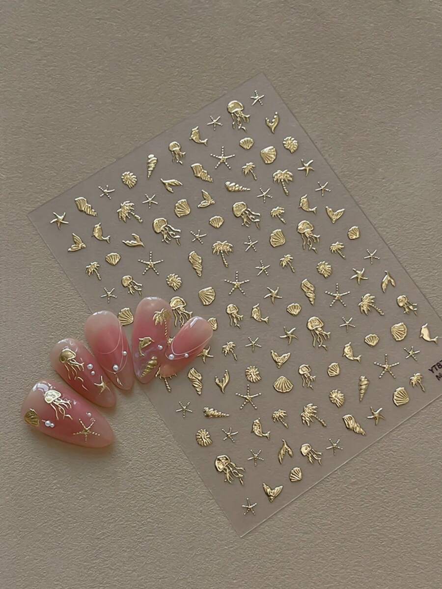 1张金色海洋美甲贴纸，金属水母贝壳和海星图案，夏季自粘美甲贴花 - 金色 - 查看 1