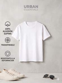 Camiseta de manga corta con cuello redondo para mujer, estampada con patrón geométrico de cámara de corazón, camiseta de algodón puro para mujer, suave y transpirable. - Blanco - Ver 2
