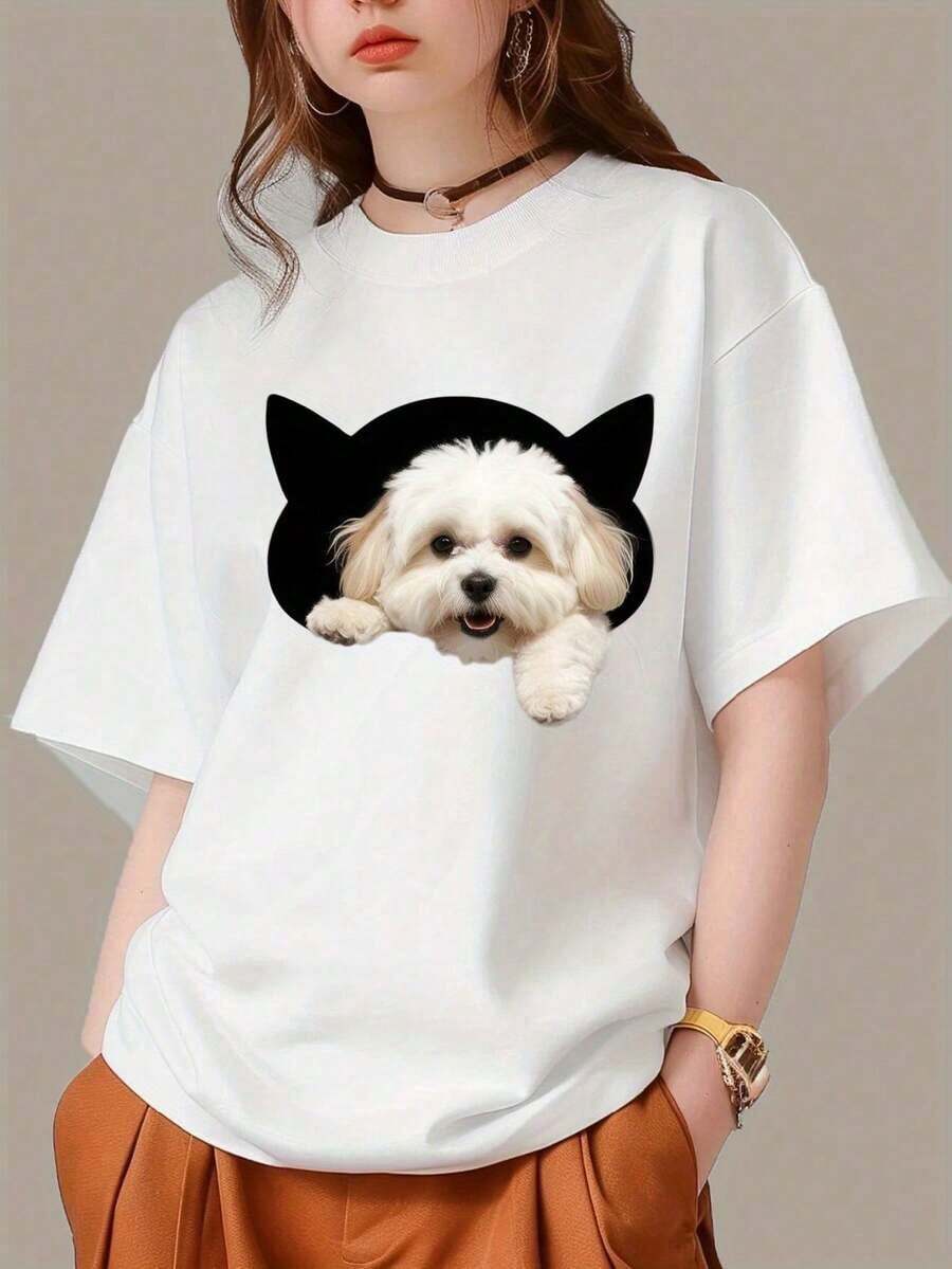 Under The Radar Women's Dog Print Crew Neck T-Shirt - Soft, Casual Short-Sleeve T-Shirt With A Cute Dog Design, Suitable For Outdoor Wear In Spring And Summer, Stylish And Comfortable In All Seasons. | Fun Print T-Shirt | Soft Texture T-Shirt - Unisex Vintage Street Style, Cotton, Short Sleeve, Crew Neck - Vintage Street Style Unisex Loose Cotton Short Sleeve Crew Neck T-Shirt - 白色 - 查看 1
