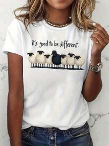 Casual T-Shirt For Mother's Day, Women's Printed T-Shirt With Black Sheep Graphic Design "It's Good To Be Different" - Casual Short Sleeve T-Shirt With Round Neck And Medium Elasticity, Suitable For Summer, Casual Wear And To Match With Other Clothes, Non-Blouse Style (Machine Washable) 100% Cotton, Durable - 白色 - 查看 7