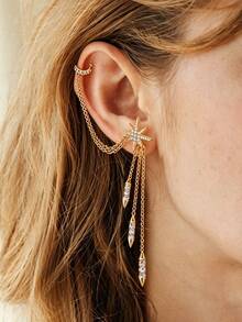 1pc Retro European & American Style Octagram Tassel Ear Cuff Earring, Sparkling Single Rhinestone Earring - Gold - View 1