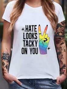 Women's T-Shirt With The Phrase "Hate Is In Bad Taste," Pride Month T-Shirt, LGBT T-Shirt, Trans T-Shirt, Rainbow T-Shirt, Gay Pride T-Shirt, Lesbian T-Shirt - 白色 - 查看 7
