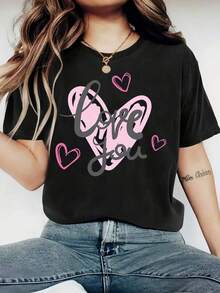 1 Pack Women's Happy Valentine's Day Printed T-Shirt - 200 Grams - Casual Polyester Knit Round Neck - Lightweight And Breathable All-Season T-Shirt. These Round Neck Printed Short Sleeve Casual Everyday T-Shirts Make Excellent Gifts For Friends And Family. Made Of 100% Cotton, They Feature A Youthful And Fashionable Design. - 黑色 - 查看 6