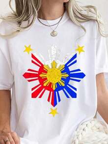 Unisex Casual T-Shirt For Men And Women With Philippine Flag Print, Sun And Stars, Round Neck, For Casual Wear, Travel And Cultural Events, Washable, Ideal For Daily Leisure, Parties And As A Gift. - 白色 - 查看 7