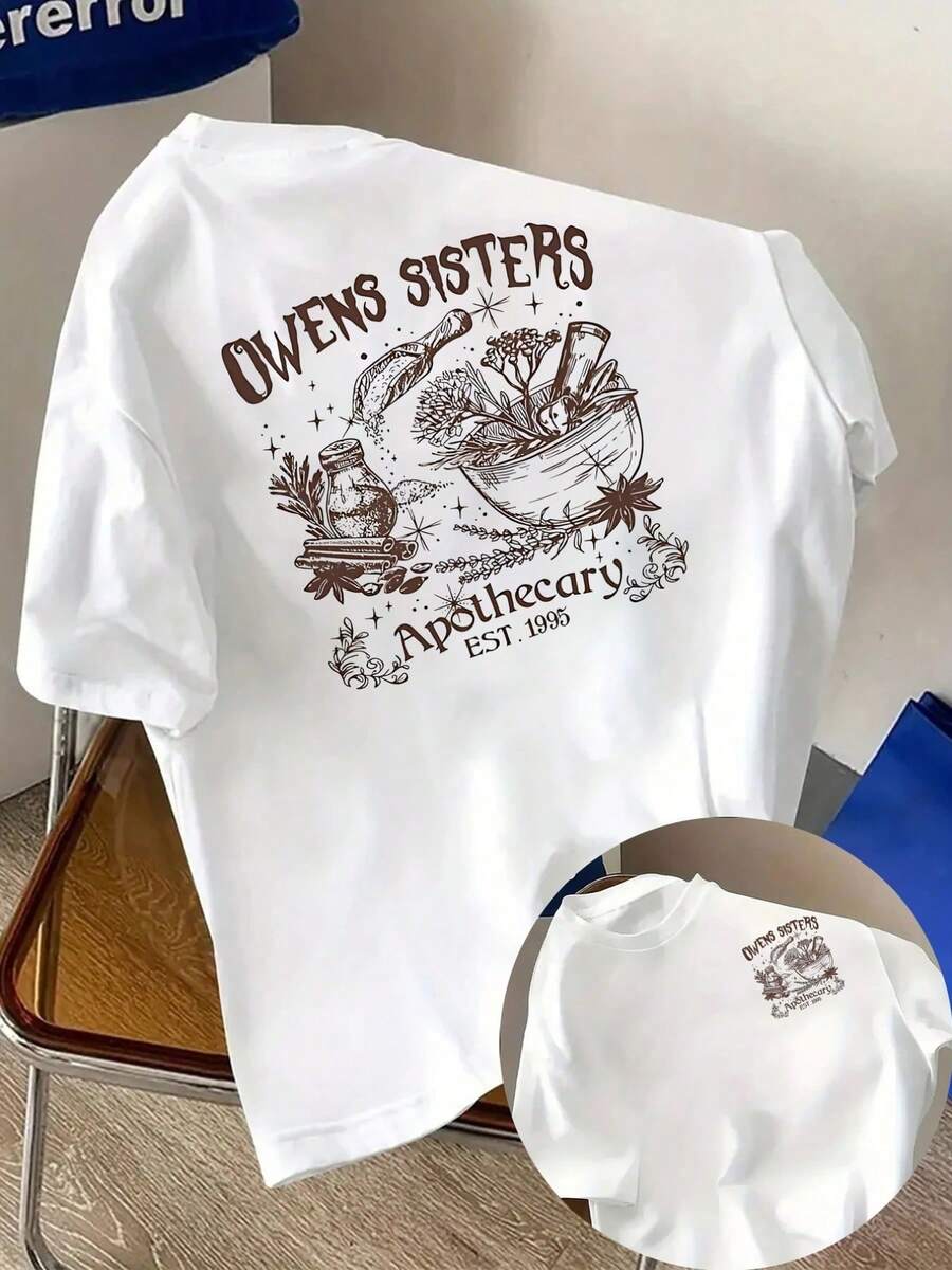 New Men's 180g Heavyweight Cotton T-Shirt, Owens Apothecary, Apothecary Style Print On The Front And Back, Modern Short-Sleeved T-Shirt For Men, Suitable For Everyday Casual Wear And Outdoor Fitness Activities, Unique Double-Sided Pattern Design - Suitable For Layering In Spring And Autumn And As A Standalone Garment In Summer, Unisex. - 白色 - 查看 1