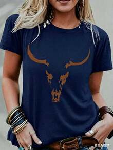 Bull Print T-Shirt - A Cutting-Edge Choice For Festival Enthusiasts And Bohemian Style Lovers -  Cowgirl Style - Soft, Pure Cotton Material - New Casual T-Shirts For Men And Women - 藏蓝色 - 查看 2