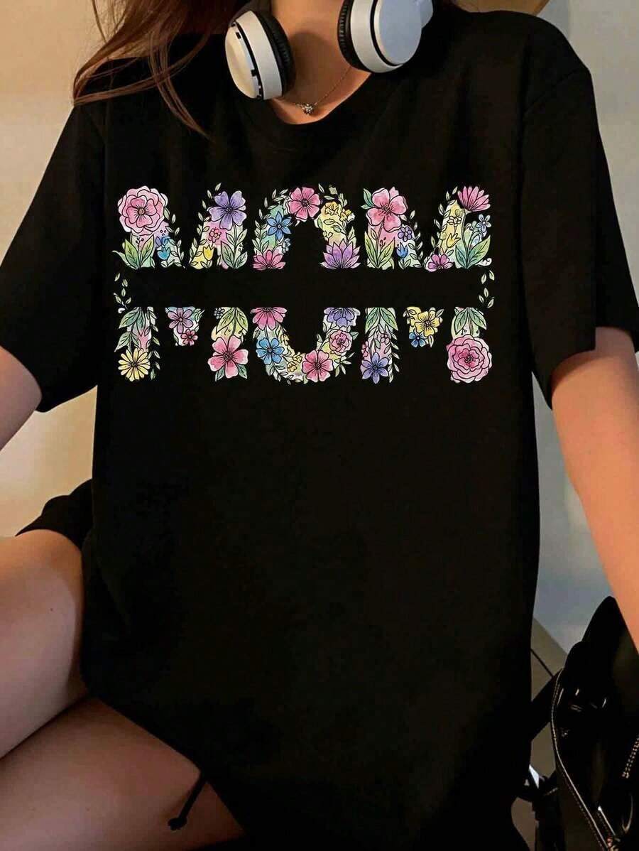Women's Floral Print "Love You" T-Shirt, Casual Short Sleeve With Headphone Design, Perfect For Everyday Wear And As A Gift Idea, Suitable For Valentine's Day And Spring Season [Ideal For Leisure And Sports Occasions] - 黑色 - 查看 1