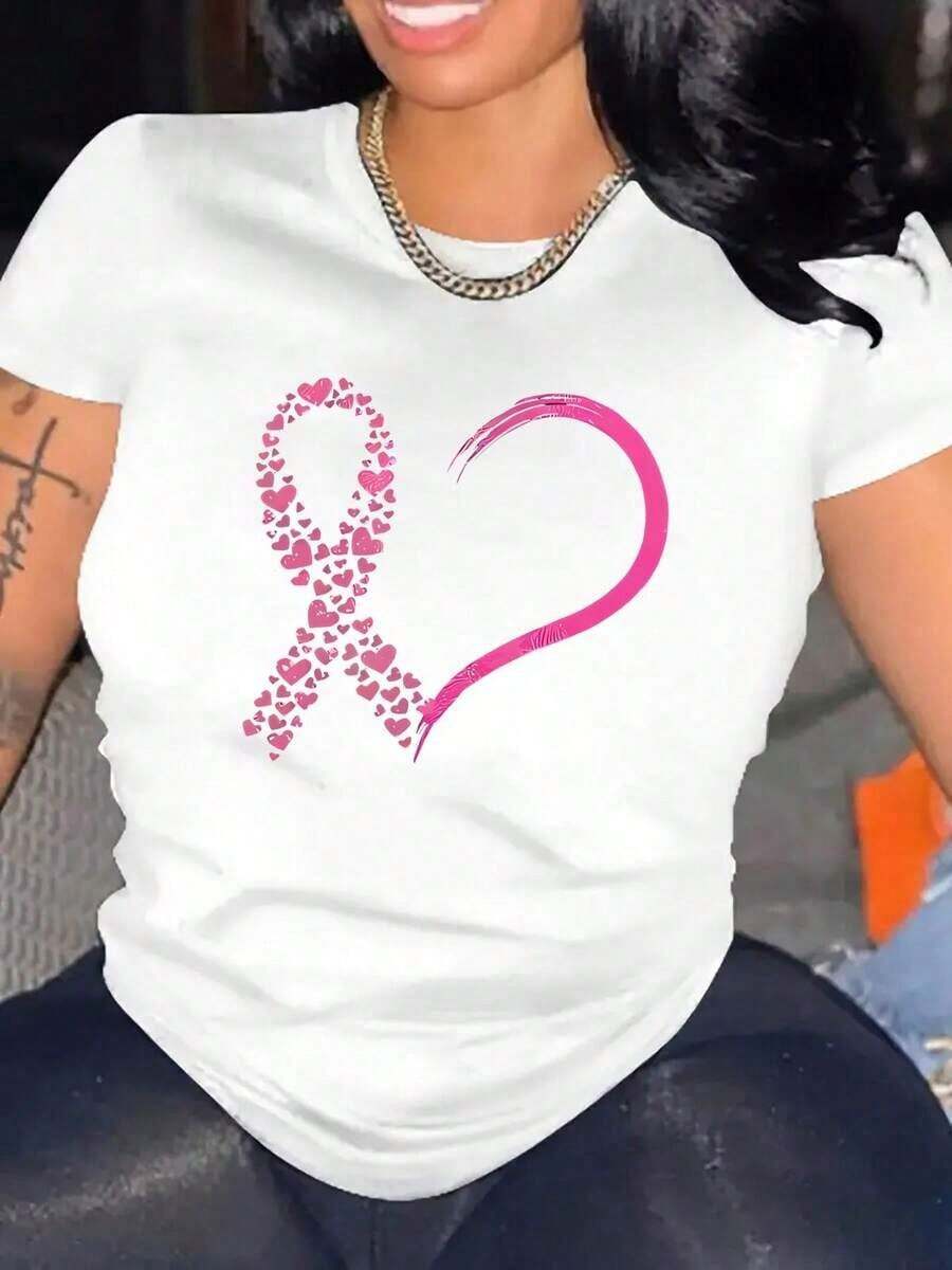 Women's Modern Minimalist Casual Sports T-Shirt, Short Sleeve, Creative Heart Print For Breast Cancer Awareness, Summer Vacation Top, Casual For Everyday Wear - 白色 - 查看 1