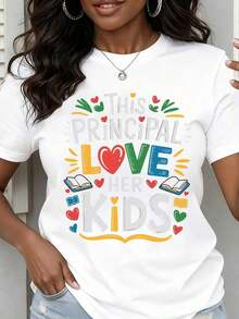 Mexican Women's Round Neck T-Shirt With 'This Principal Loves Her Kids' Print, Short Sleeve, Gift For Teachers, Casual Wear, Cotton T-Shirt Summer Fashion - 白色 - 查看 7