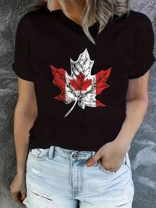 Women's Casual T-Shirt. A Modern And Fashionable T-Shirt With A Creative Design Featuring Queen Victoria And The Canadian Flag, A Must-Have For Everyday Casual Wear. - 黑色 - 查看 7