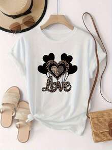 Women's Cotton Crew Neck Casual Graphic Tees: Wild And Soft Coexistence, And Heart-Shaped Balloon Pattern With Leopard Print. Women's Short Sleeve Crew Neck T-Shirt, Modern And Casual, Easy And Versatile For Leisure, Travel, And Vacations. 134191 100% Cotton. Simple T-Shirt For Everyday Wear - 白色 - 查看 6