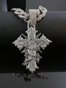 1pc Fully Rhinestoned Woven Cross Pendant, Designed For Men, Hip Hop Style Accessory, Street Fashion - Cross Pendant Necklace - View 8