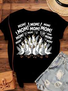 "Mommy Mommy Mommy Duck" Family T-Shirt - Funny Mother's Day Gift For Women, Casual T-Shirt With Cute Animal Print For Summer, 220g - Unisex Urban Vintage Style, 100% Pure Cotton Short Sleeve T-Shirt. - 黑色 - 查看 4