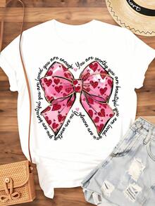 Women's Valentine's Day Heart Print Short Sleeve T-Shirt, Casual Graphic Crew Neck Tee, Inspirational Message "You Are Enough", Fashionable Summer Blouse, Unisex 100% Pure Cotton Vintage Street Style Crew Neck Short Sleeve T-Shirt. - 白色 - 查看 4
