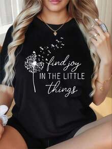 Camiseta de mujer con cuello redondo y mangas cortas, estampado divertido. Encuentra alegría en las pequeñas cosas. Camiseta de mujer con estampado de diente de león, corte holgado informal, top negro, atuendo de verano para mujer. Adecuada para el Día de San Valentín, fiestas de Navidad, actividades deportivas, fiestas de vacaciones, salidas, deportes y otros regalos festivos (220g). playeras de mujer algodon - Negro - Ver 3