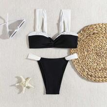 26 New Women's Black And White Two-Piece Bikini Swimsuits, Fashionable French Style Sexy Swimwear - 黑色 - 查看 3
