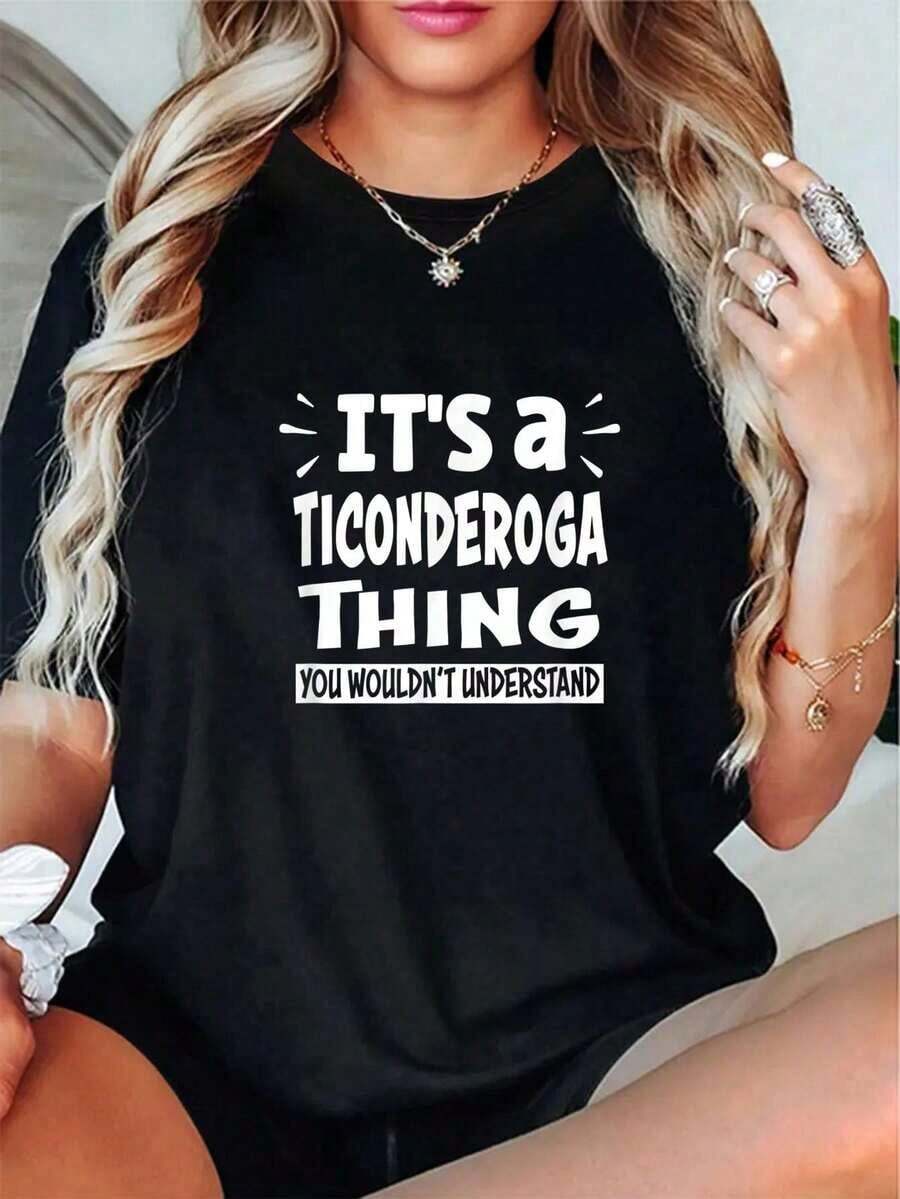 Casual T-Shirt, 100% Cotton, Unisex T-Shirt With 'Ticonderoga Trip Lover Thing You Wouldn't Understand' Print - 黑色 - 查看 1