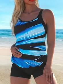 Nuevo Tankini con Estampado y Pantalones Cortos, Bikini Conservador de Dos Piezas para Mujer - ZH459-BL - Ver 12