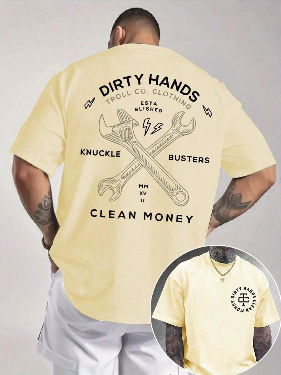 Cute Unisex Premium Casual T-Shirts, Men's Graphic Tee, Dirty Hands Clean ❤️ Money Daily Wear 100% Cotton Unisex Gift Idea For Him Or Her Urban Fashion Top - 杏色 - 查看 1