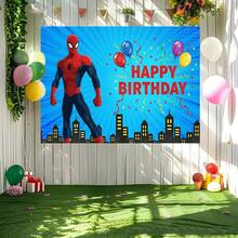 1pc Spider-Man Happy Birthday Backdrop Marvel Superhero Boy Party Decoration Cartoon Photography Background Indoor Holiday Gathering Scene Layout Cake Table Wall Tapestry Anime Fan Birthday Party Props Wall Hanging Decor - 多色 - 查看 4