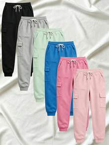 6-Pack Women's Cargo Pants With Zipper Pockets, Fashionable Large Pocket Design, Elastic Drawstring Waist, Slim Fit Casual Pants For Daily/Outdoor Wear, Black - 彩色 - 查看 1