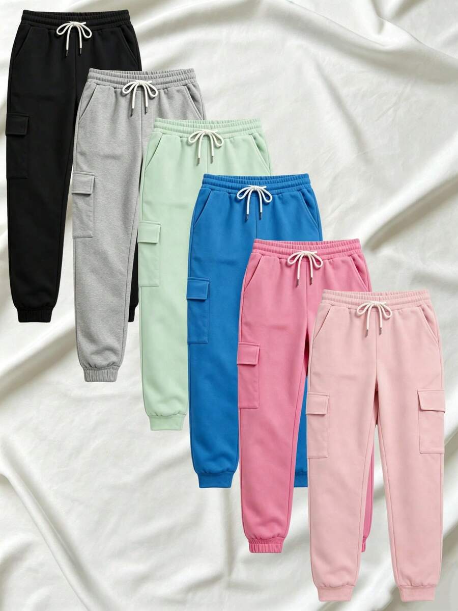 6-Pack Women's Cargo Pants With Zipper Pockets, Fashionable Large Pocket Design, Elastic Drawstring Waist, Slim Fit Casual Pants For Daily/Outdoor Wear, Black - 彩色 - 查看 1