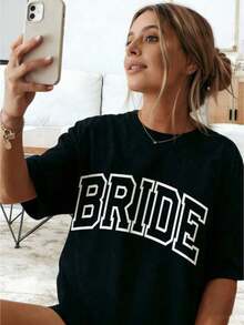 New 2026 Collection: Cotton T-Shirt For Bride, Minimalist T-Shirt For Bride, Wedding, Bachelorette Party, Aesthetic T-Shirt For Bride 3XL, Classic Thick Cotton Short Sleeve Graphic Print T-Shirt For Bachelorette Party, Casual Short Sleeve Top For Women, Short Sleeve Sports T-Shirt. - 黑色 - 查看 7