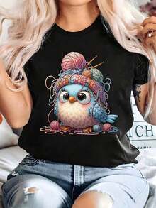 Charming T-Shirt With "Adorable Owl" Print - Loose Fit, Short Sleeve, Crew Neck, Casual Style For Women, Soft Polyester Blend, Perfect For Spring And Summer, Casual Wear T-Shirt | Fun Print Top | Comfortable Fit, Adorable Owl Design T-Shirt - 黑色 - 查看 7