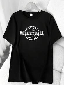 Minimalist Volleyball Print T-Shirt. Available In 6 Colors, Short Sleeves, Round Neck, High-Stretch Casual Sports Top. Machine Washable. Suitable For Spring And Summer. Can Be Worn In All Seasons. Women's Clothing. Elegant Party Outfit, Stylish Ladies' T-Shirt, Blouses Suitable For Curvy Women, Casual Wear, Cool And Breathable Summer Wear, Fun Letter Print. - 黑色 - 查看 6