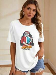 Women's Blouses: Women's 180g Printed T-Shirt With Christmas Theme, Santa Claus Party Gift - Comfortable And Fun Family Gift Idea For The Holidays. 2YGNeurmuse - 白色的 - 查看 1