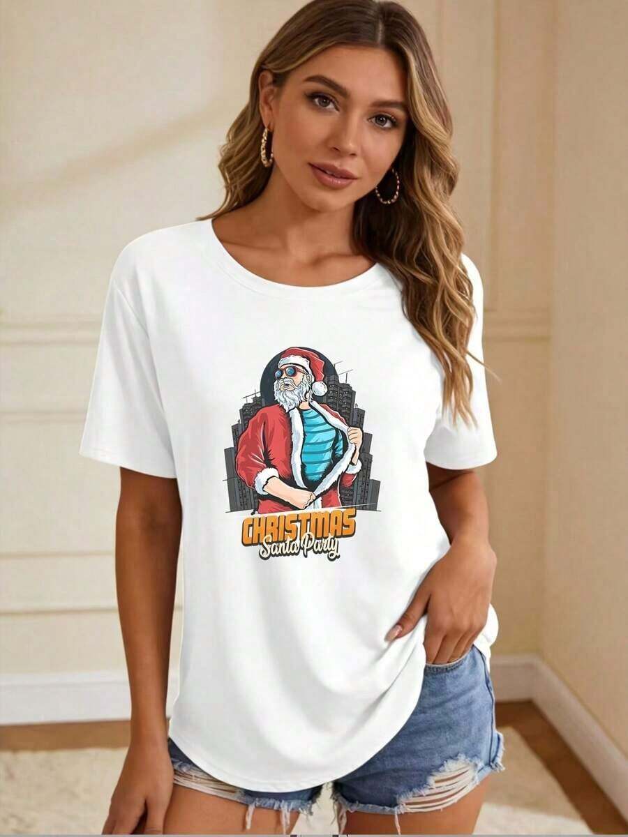 Women's Blouses: Women's 180g Printed T-Shirt With Christmas Theme, Santa Claus Party Gift - Comfortable And Fun Family Gift Idea For The Holidays. 2YGNeurmuse - 白色的 - 查看 1