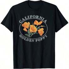 Vintage T-Shirt With California Golden Poppy Floral Print For All Seasons, Short Sleeve Crew Neck T-Shirt, One-Sided Print, 100% Cotton, Unisex, Women's Basic Garment, Summer Clothing - 黑色7 - 查看 6