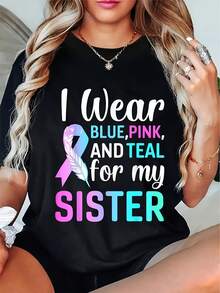 Camiseta de concientización sobre el cáncer de tiroides para mujeres - Diseñada con cintas rosas y azul-verde, impresa con un eslogan de concientización sobre el cáncer de tiroides, hecha de tela suave y transpirable, adecuada para todas las estaciones, cómoda de llevar. - Negro - Ver 6