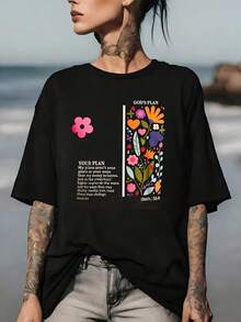 Christmas Gift T-Shirt "God's Plan" With Floral Design 180G, Perfect For Wearing At Home, Church Or Office, Comfortable Short Sleeve T-Shirt For Women, Inspirational Gift With Biblical Verse. - 黑色 - 查看 7