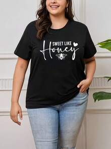 Women's Casual Loose Fit T-Shirt With Bee Print - Plus Size - Ideal For Work And Home In Spring And Summer - Women's Casual Sports T-Shirt - Plus Size - Women's Blouses - 黑色 - 查看 7