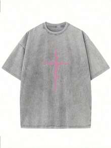 Women's & Men's Unisex 1-Piece T-Shirt, 230g Washed, Retro Cross Print, High-Quality Cotton Batik Retro Fashion Brand T-Shirt, Suitable Thickness For Summer T-Shirt, Holiday Gift - 灰色 - 查看 6