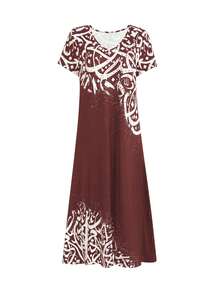 Damen Vintage V-Ausschnitt Kurzarm bedrucktes Schlitz langes Kleid, Bohemian Western Stil Lässig Urlaub Sommerkleid Elegant - Bordeaux - Übersicht 5
