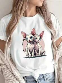 This Lightweight, Short-Sleeved T-Shirt, Made From 100% Cotton, Features A Cute Cat Print And Is Perfect For Lounging At Home, Going To Cafes, Or Enjoying Outdoor Activities. It's Made From A Soft And Comfortable Material. This Casual And Comfortable Summer T-Shirt For Women Has A Round Neck And A Relaxed Fit. - 白色 - 查看 6