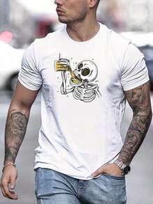 Pure Cotton T-Shirt With Skull And Beer Print, New For Summer 2026, Men's T-Shirt, Casual Summer Short Sleeve T-Shirt - Unisex Loose Cotton Short Sleeve T-Shirt With Round Neck, Urban Vintage Style, Versatile And Casual Printed Top. - 白色 - 查看 5