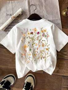 Howell Women's Casual Summer T-Shirt, Fashionable Floral Print Short Sleeve T-Shirt, Casual T-Shirt With Lovely Floral Design And Round Neck For Women, Graphic Print T-Shirts, White Summer Tops. - 白色 - 查看 3