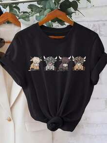 short-sleeveCamisetas gráficas talla grande Soft, camiseta con estampado de vaca, top casual de cuello redondo de manga corta para verano y primavera, ropa de mujer  algodón100% Cotton100% Cotton - Negro - Ver 1