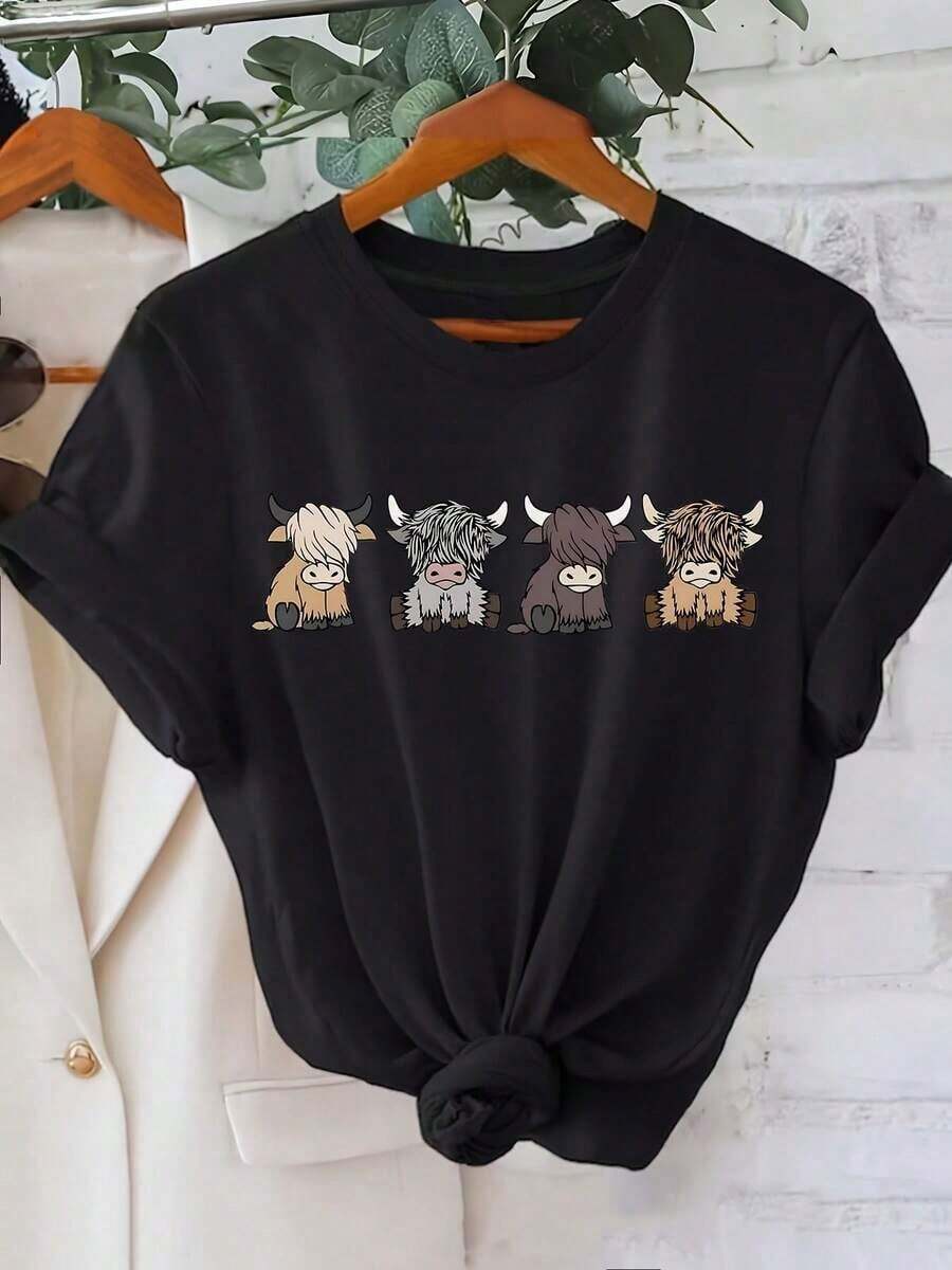 short-sleeveCamisetas gráficas talla grande Soft, camiseta con estampado de vaca, top casual de cuello redondo de manga corta para verano y primavera, ropa de mujer algodón100% Cotton100% Cotton - Negro - Ver 1