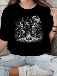 Women's Casual T-Shirt, Ideal For Special Occasions. Perfect For Young Women Who Love Alternative And Original Style. Regular Fit That Flatters All Body Types, Suitable For All Four Seasons. - 黑色 - 查看 1