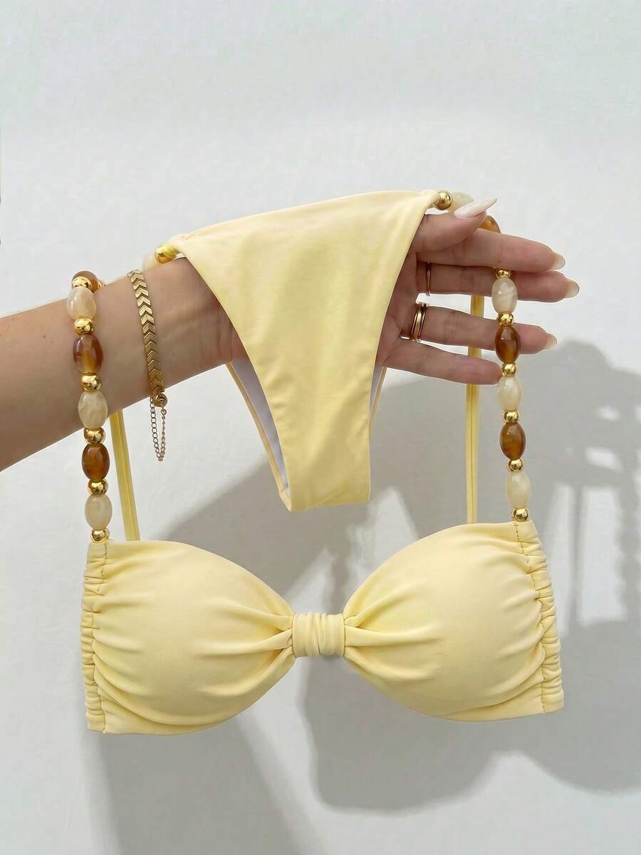 Bikinx Women's Halter Neck Back Tie Bikini Set, Bohemian Style Contrast Color Beaded Shoulder Straps, Suitable For Beach Vacation Summer Yellow