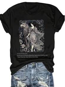 Camiseta Estampada para Mujer - Camiseta Casual de Manga Corta y Cuello Redondo en Negro con Diseño de Eccentric Nursery, Corte Relajado para Todas las Estaciones, Perfecta para Uso Diario y Atuendos de Vacaciones, Complementada con un Sombrero de Paja (Lavable aáquina). - Negro - Ver 6