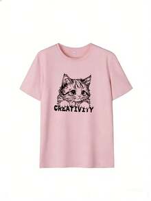 T-Shirt With Cat Print And "CREATIVITY" Text, Fashionable Short-Sleeved T-Shirt For Spring And Summer 2026, Made In Mexico, 180 Grams. Cartoon Print, Couple Design, Suitable For Indoor Or Outdoor Wear. Crew Neck, Unisex, Ideal For The Office And Leisure. One-Pack. - PK-P631577SLNDXZGY589 - 查看 2